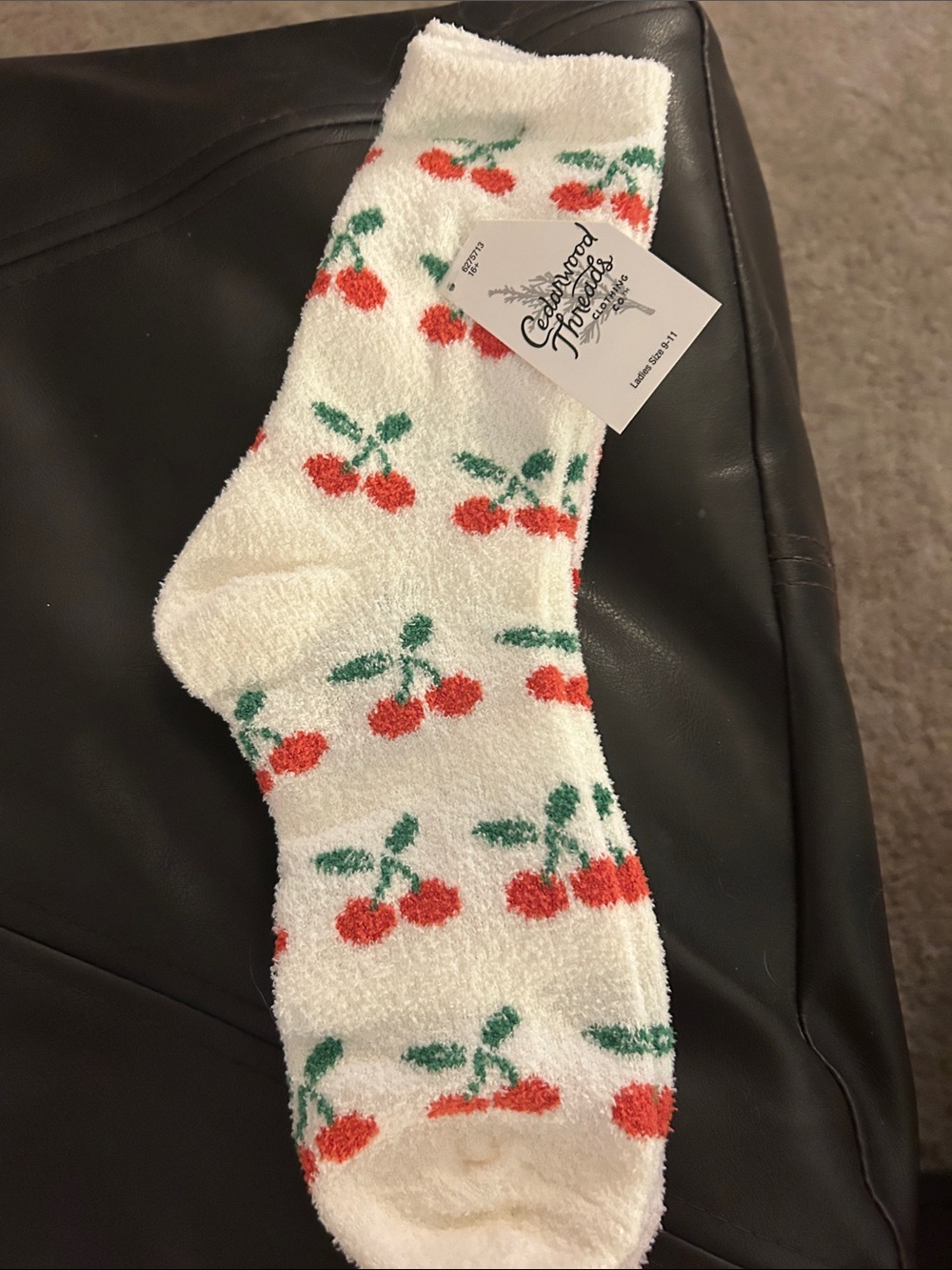 NWT Cabin & Cotton Cozy Cherry Fuzzy Socks — White with Red Cherries
